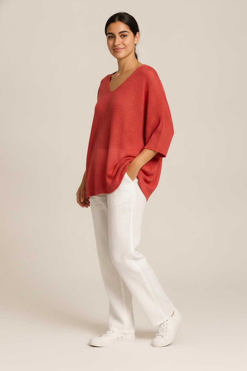Gebreide Trui Dames met V-hals – Losse Pullover — Beatriz – Rood – vooraanzicht