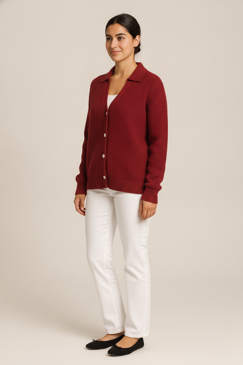 Gebreid Vest Dames met Kraag – Cardigan met Knopen — Naima – Wijnrood – vooraanzicht