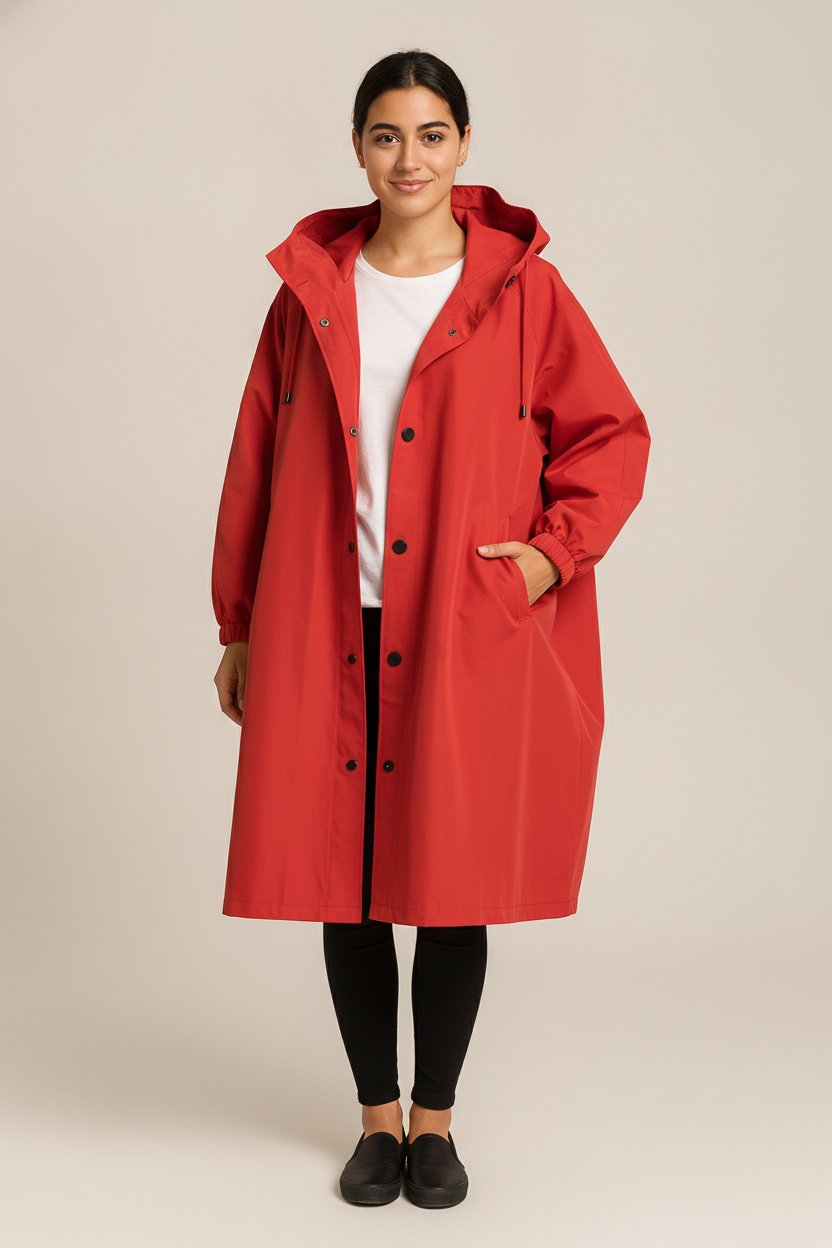 Regenjas Dames met Capuchon – Lange Oversized Parka — Lucienne – Rood – vooraanzicht