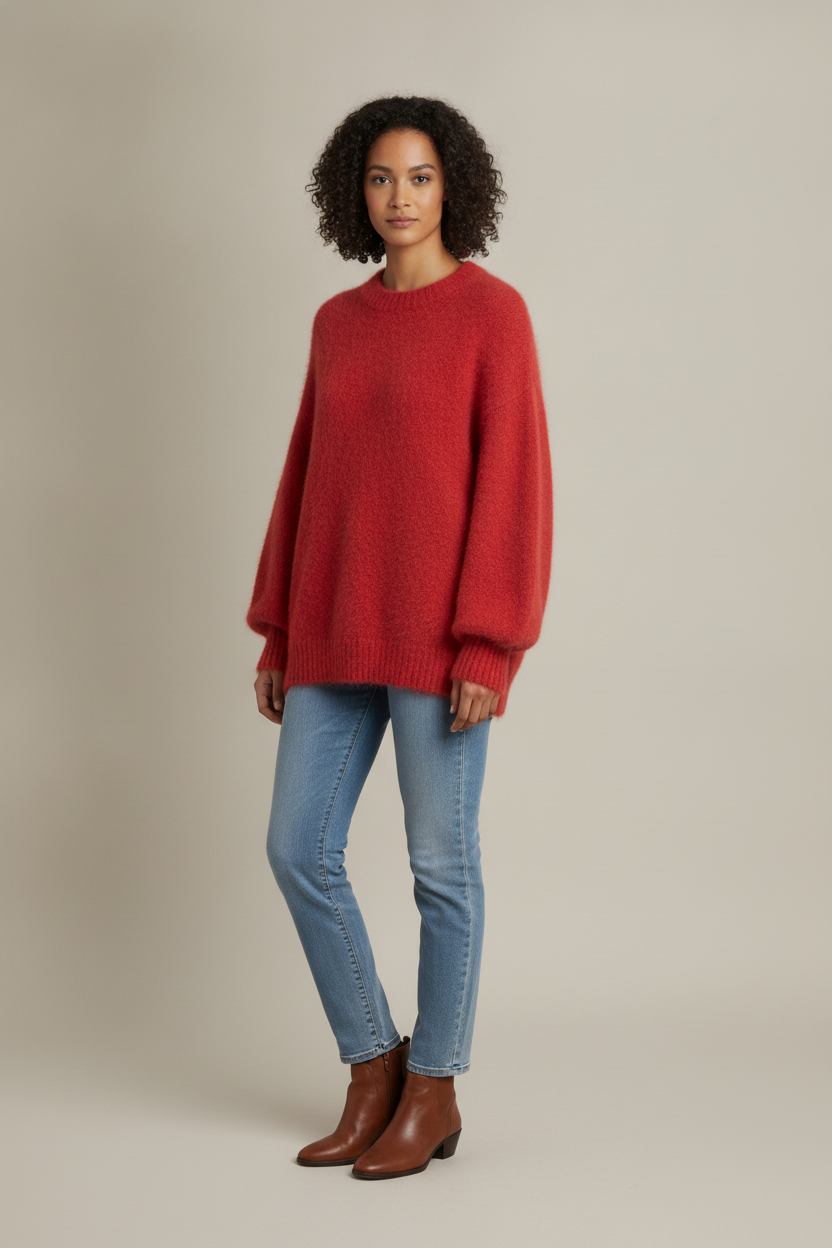 Oversized Trui Dames met Ballonmouwen – Zachte Gebreide Trui — Velia – Rood – vooraanzicht