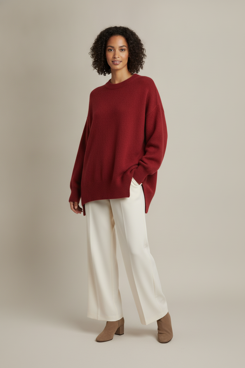 Oversized Trui Dames met Ronde Hals – Lange Trui met Split — Ginevra – Rood – vooraanzicht