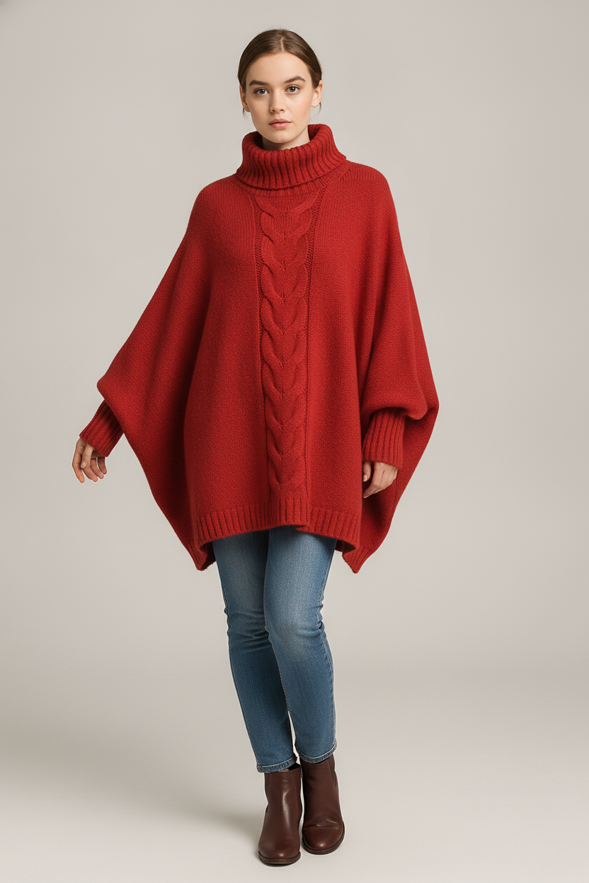 Kabeltrui Dames met Col – Oversized Poncho Trui — Ilka – Rood – vooraanzicht