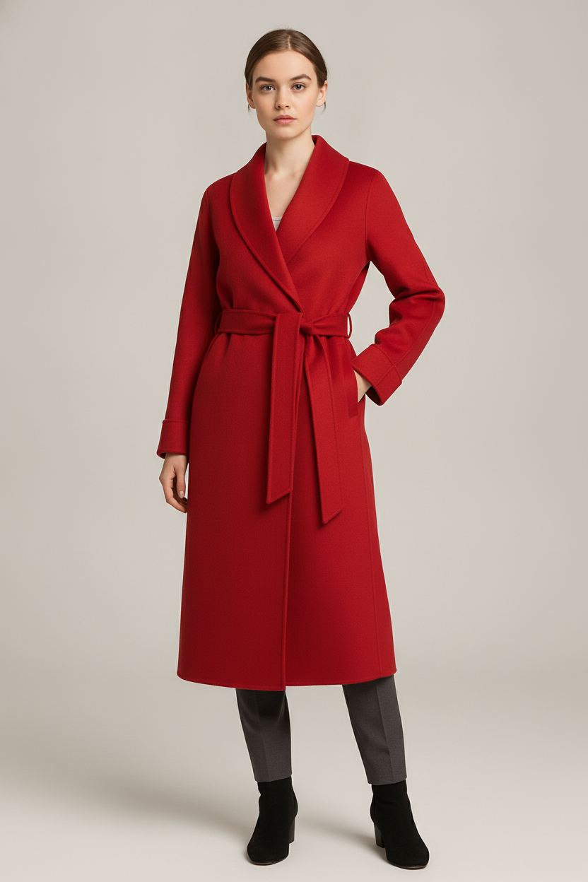 Lange Wikkeljas Dames met Ceintuur – Mantel in Wollook — Tiziana – Rood – vooraanzicht