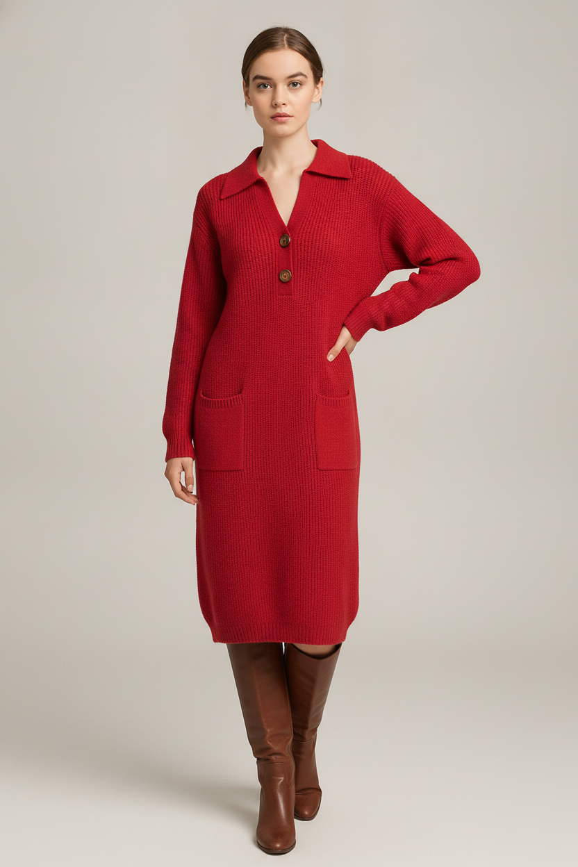Truijurk Dames met Polokraag en Knopen – Midi Lengte — Lysandra – Rood – vooraanzicht