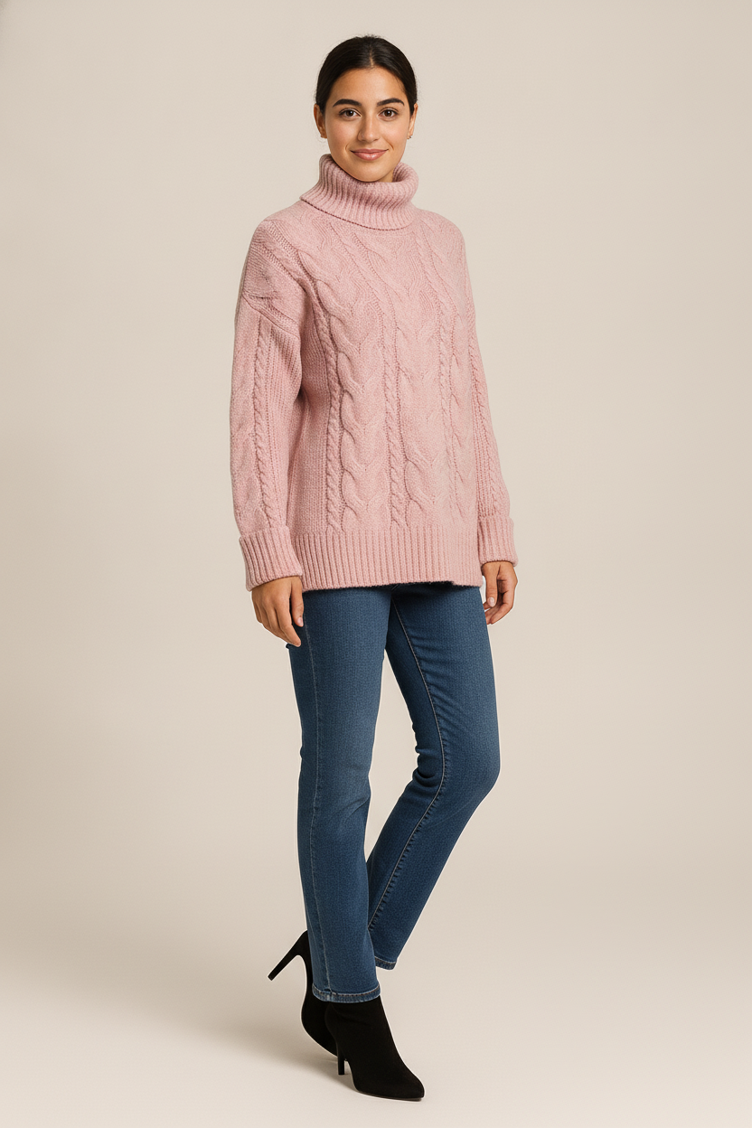 Kabelgebreide Coltrui Dames – Klassieke Wintertrui — Mirella – Roze – vooraanzicht