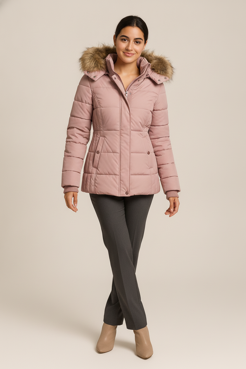 Winterjas Dames met Bontkraag – Warme Parka met Capuchon — Seraphina – Roze – vooraanzicht