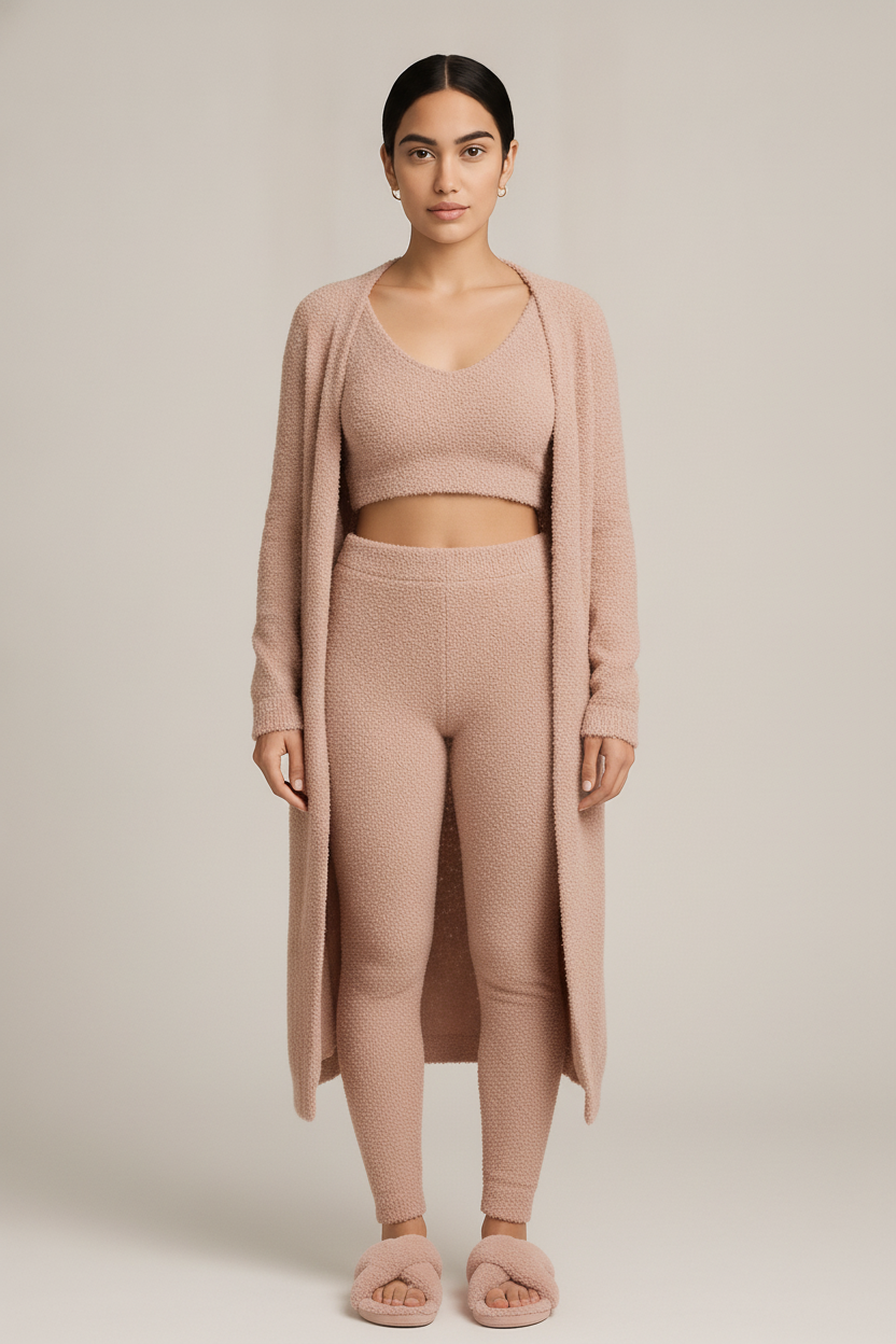 Pluche Loungeset Dames 3-Delig – Huispak met Lang Vest — Fleurine – Roze – vooraanzicht