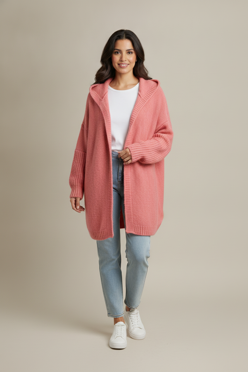 Gebreid Vest Dames met Capuchon – Oversized Lang Vest — Anaya – Roze – vooraanzicht