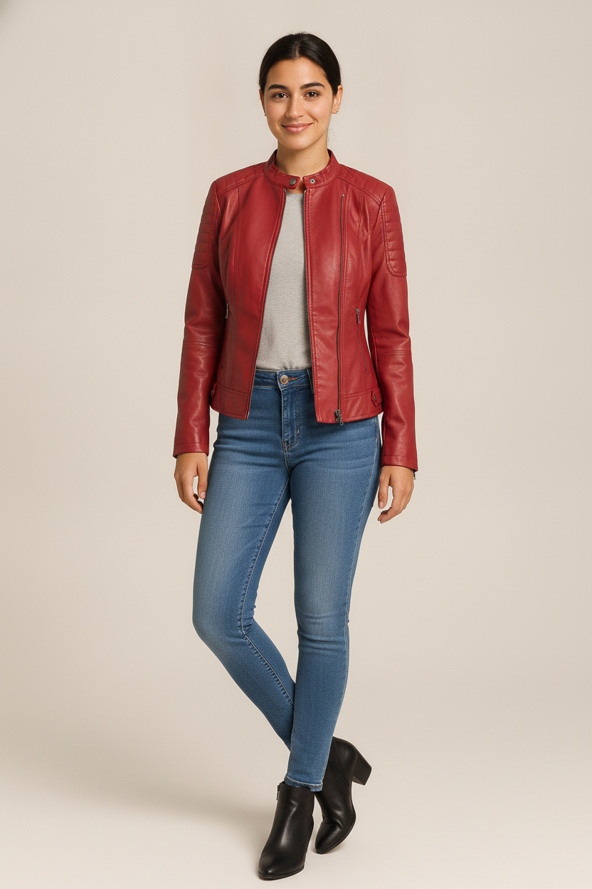 Leerlook Jas Dames met Opstaande Kraag – Kort Jasje — Sahira – Rood – vooraanzicht