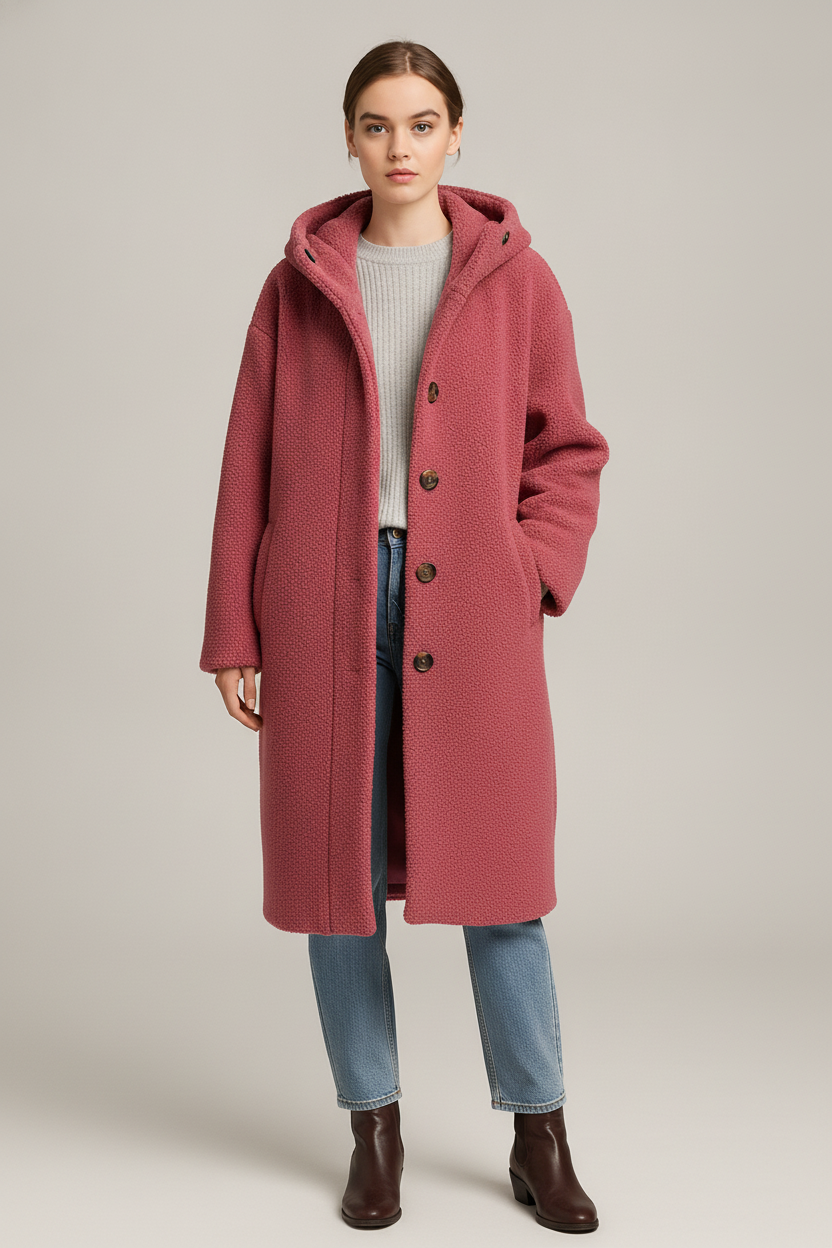 Lange Jas Dames met Capuchon – Bouclé Winterjas met Knopen — Julieta – Roze – vooraanzicht