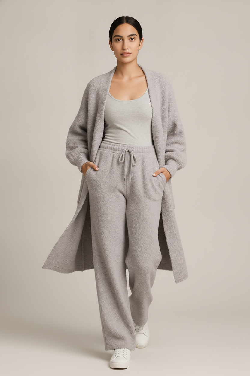 Loungeset Dames 4-Delig – Pluizig Vest, Top, Short en Broek — Tahira – Roze – vooraanzicht