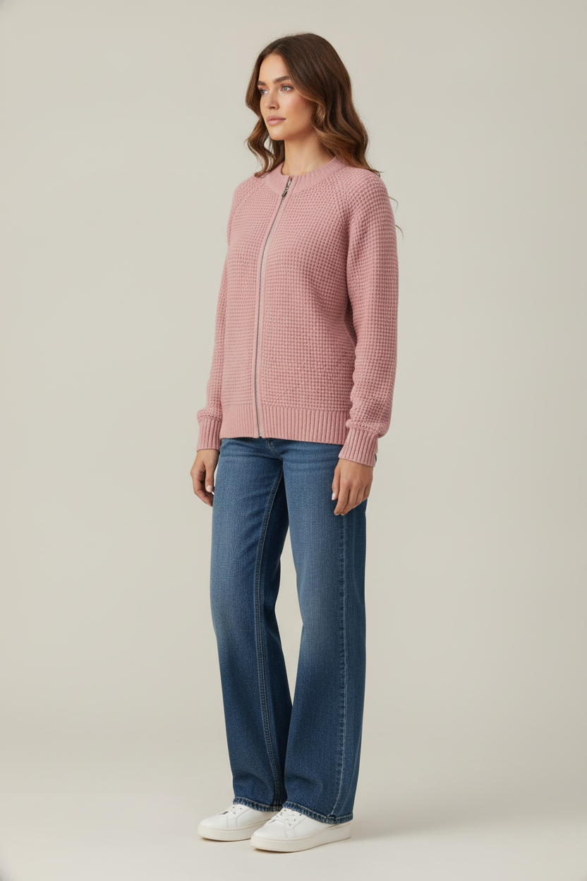 Gebreid Vest Dames met Rits – Cardigan met Ronde Hals — Solenne – Roze – vooraanzicht