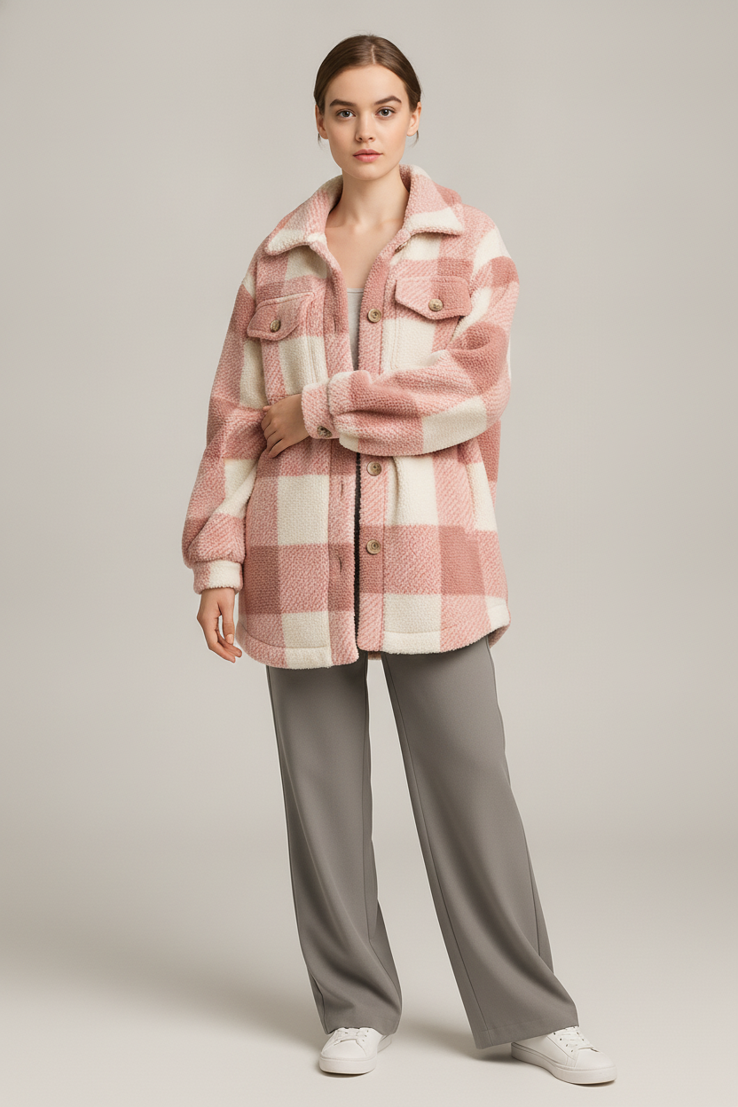 Geruite Dames Teddy Jas – Oversized Shacket met Knopen — Laila – Roze – vooraanzicht