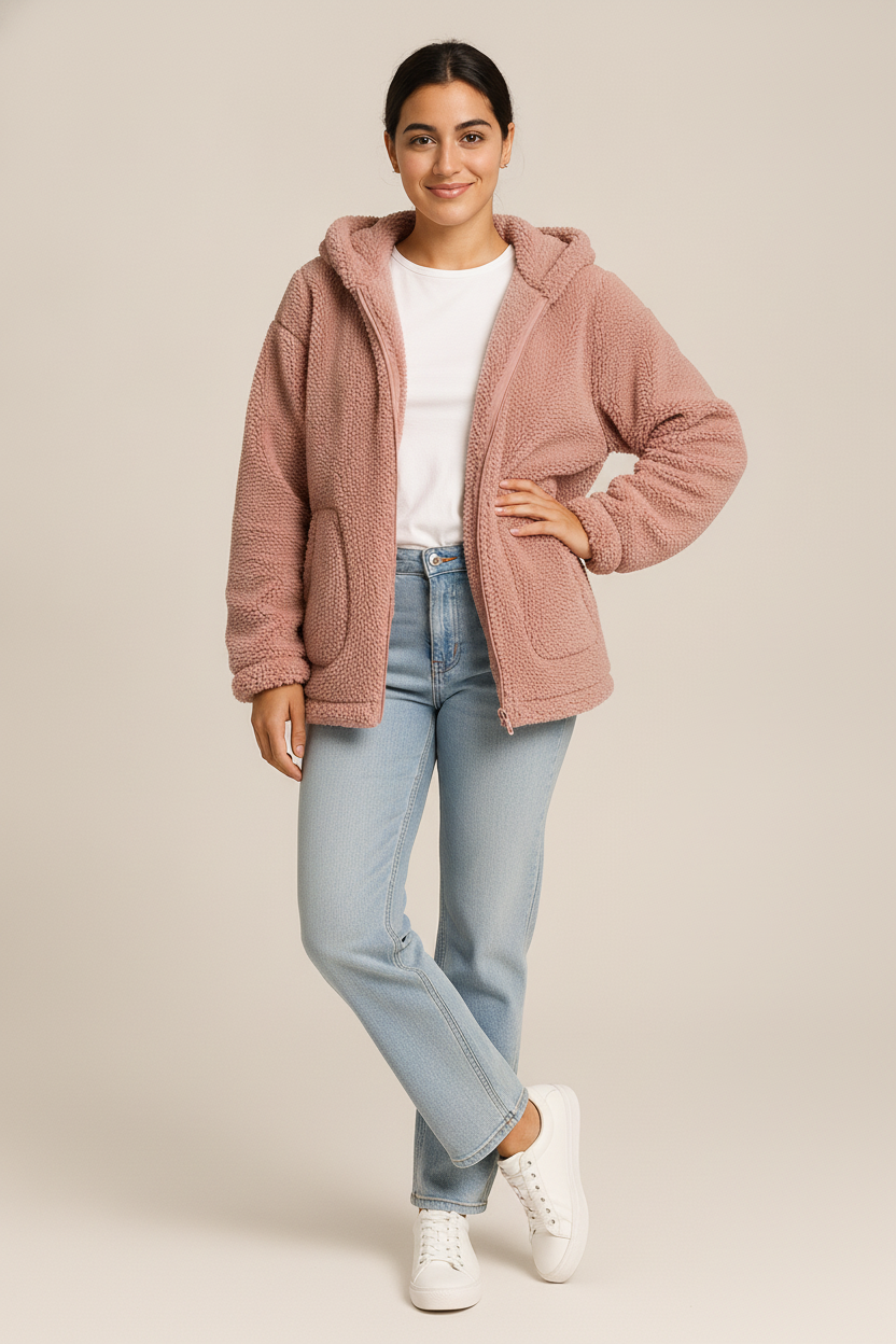 Teddy Jas Dames met Capuchon – Zacht Open Jack — Jara – Roze – vooraanzicht