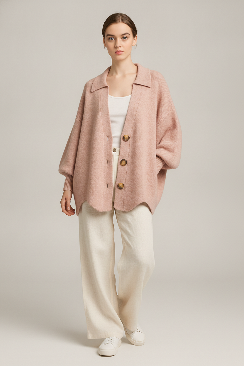 Oversized Gebreid Vest Dames – Cardigan met Grote Knopen — Norah – Roze – vooraanzicht