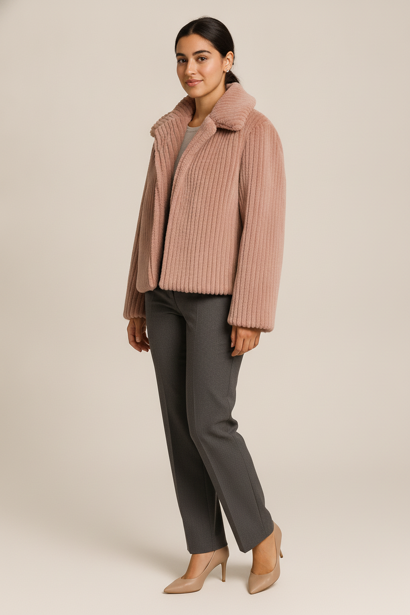 Korte Dames Teddy Jas met Kraag – Zacht Jack met Rits — Capucine – Roze – vooraanzicht