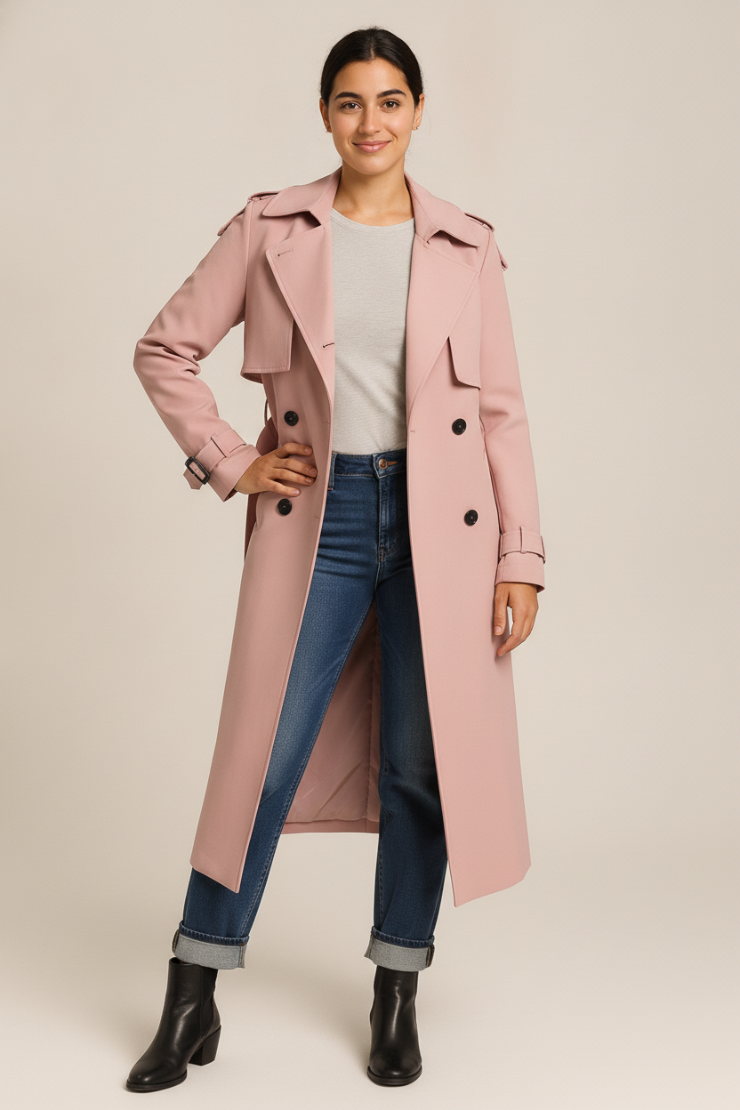 Lange Trenchcoat Dames Dubbelrijs – Oversized Tussenjas — Linnea – Roze – vooraanzicht