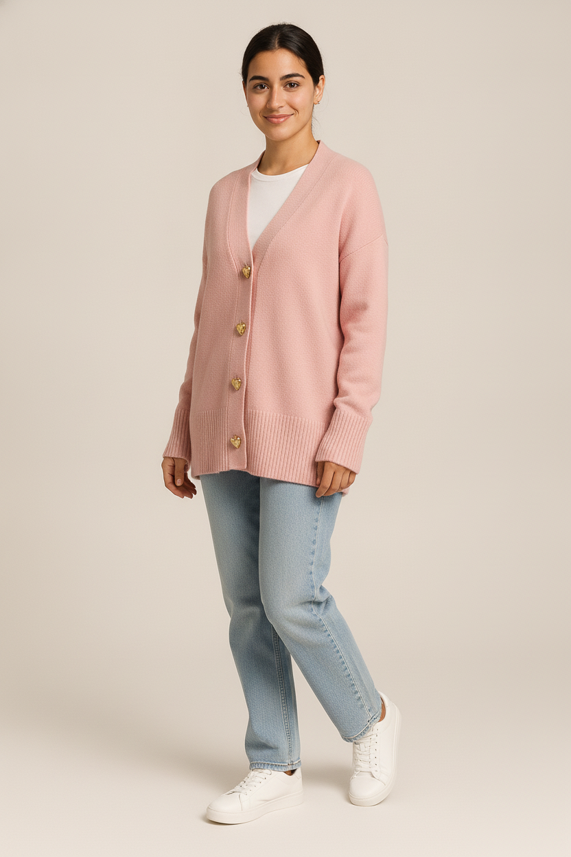Gebreid Vest Dames met V-hals – Cardigan met Gouden Knopen — Zahra – Roze – vooraanzicht