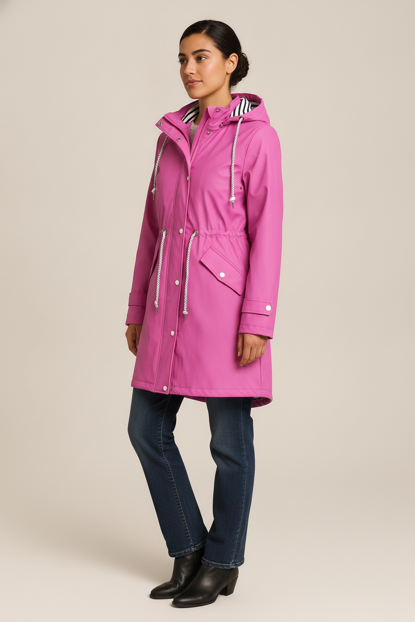 Regenjas Dames met Capuchon – Waterafstotend met Trekkoord — Imara – Roze – vooraanzicht