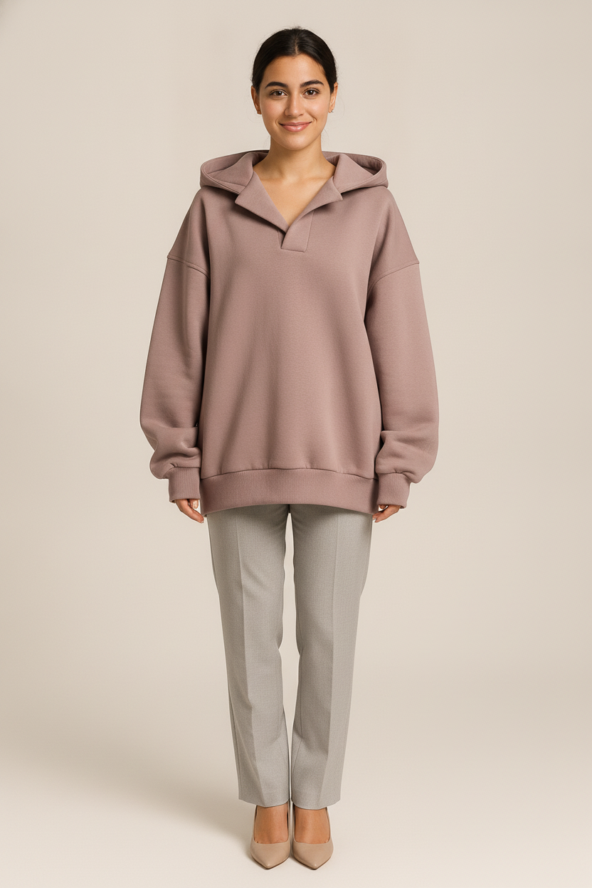 Oversized Hoodie Dames met V-hals – Zachte Trui met Capuchon — Kiara – Roze – vooraanzicht