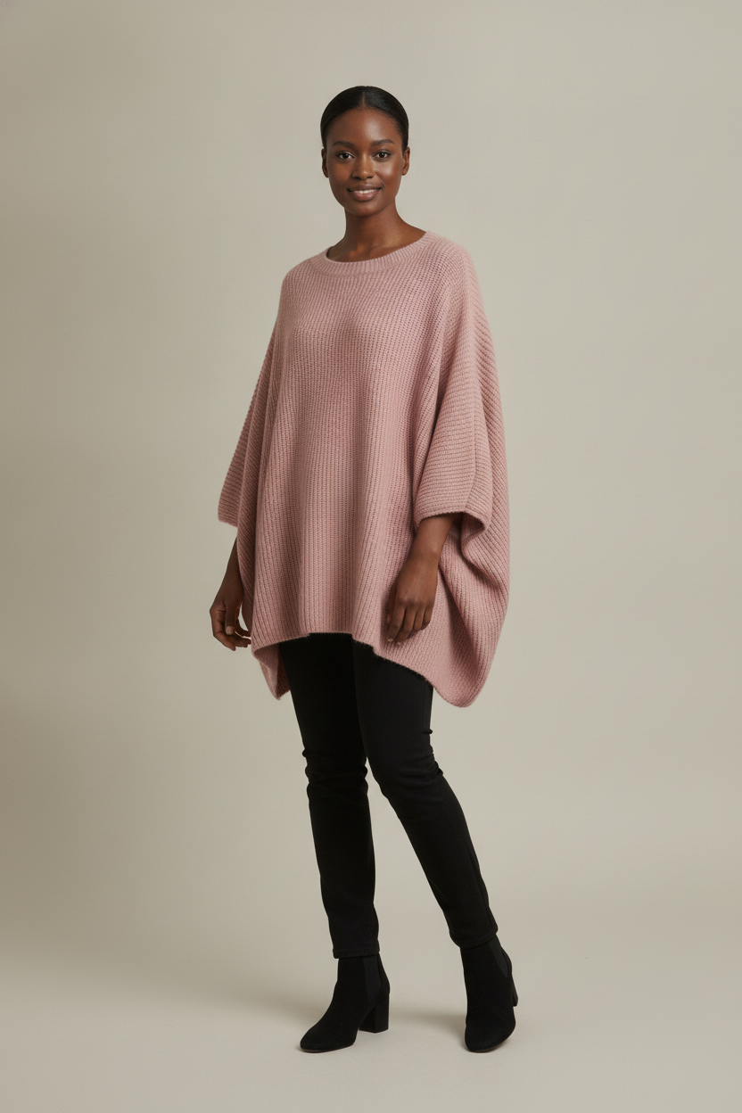 Oversized Trui Dames met Vleermuismouwen – Poncho Trui — Kalani – Roze – vooraanzicht