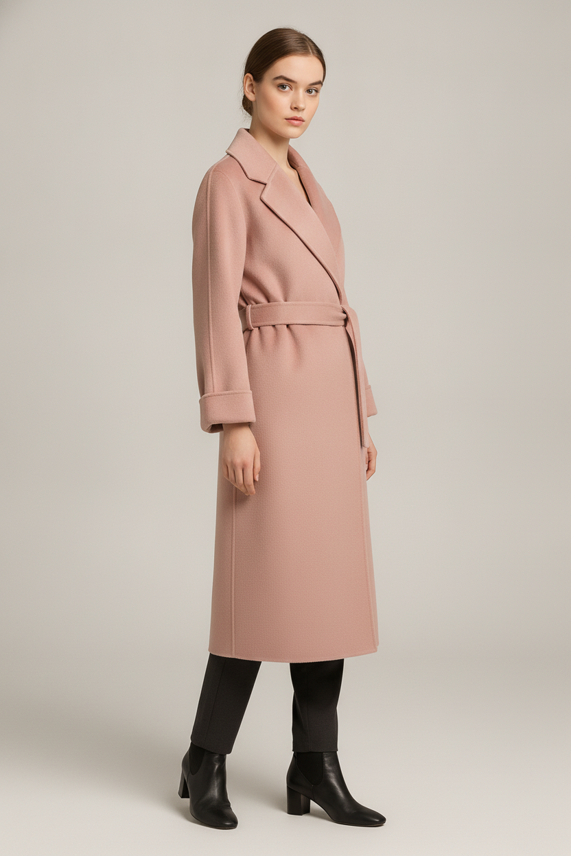 Lange Wikkeljas Dames met Ceintuur – Mantel in Wollook — Tiziana – Roze – vooraanzicht