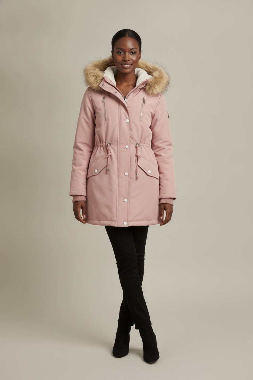 Parka Dames met Bontcapuchon – Gevoerde Winterjas — Alessia – Roze – vooraanzicht