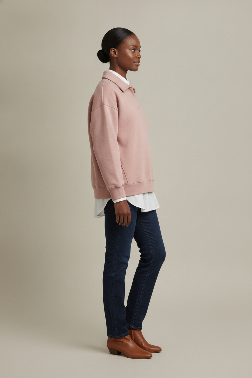 Oversized Hoodie Dames met V-hals – Zachte Trui met Capuchon — Kiara – Roze – zijaanzicht