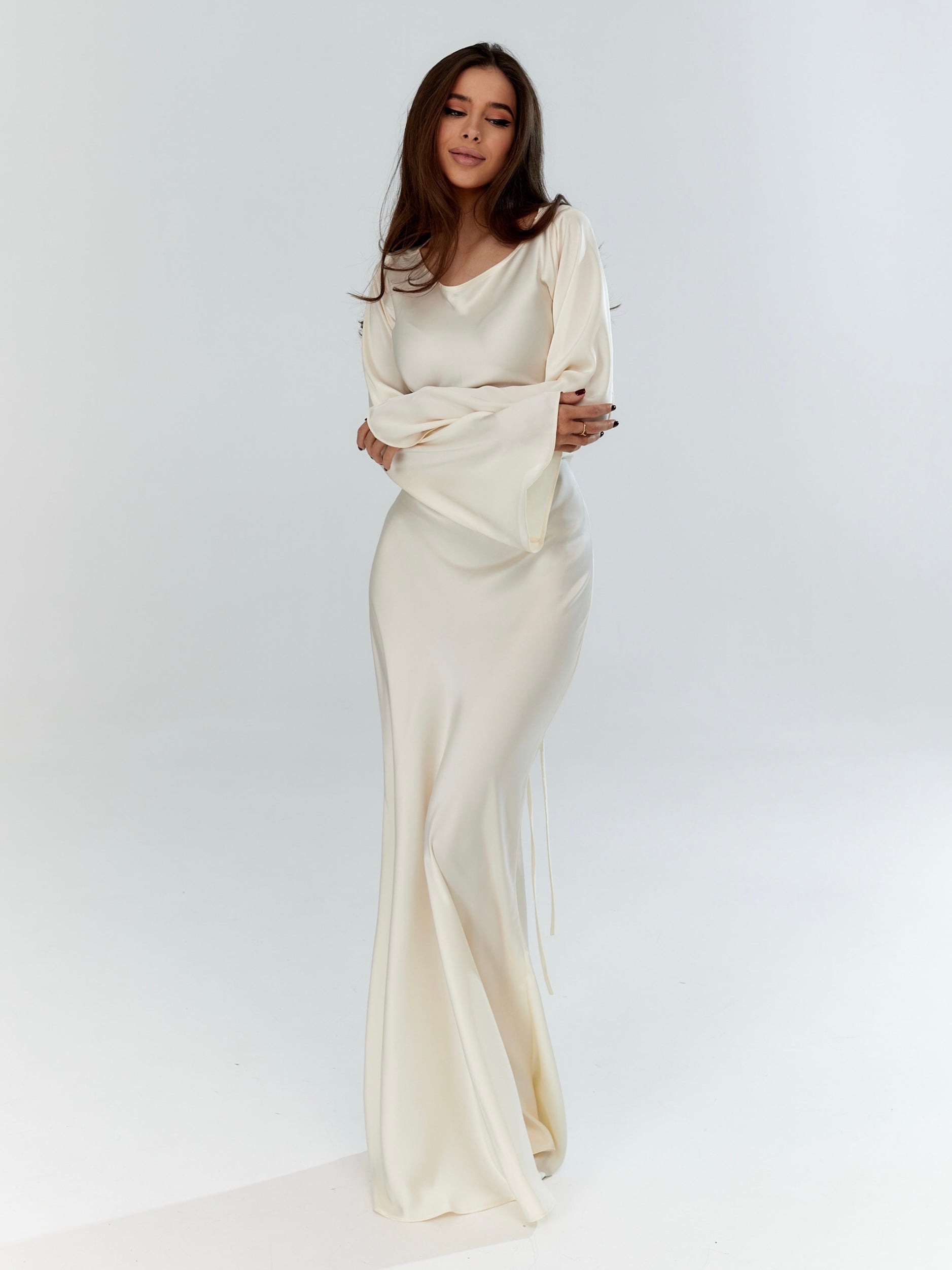 Satijnen Maxi Jurk Dames | Empire Taille & Lange Mouwen | Nadège
