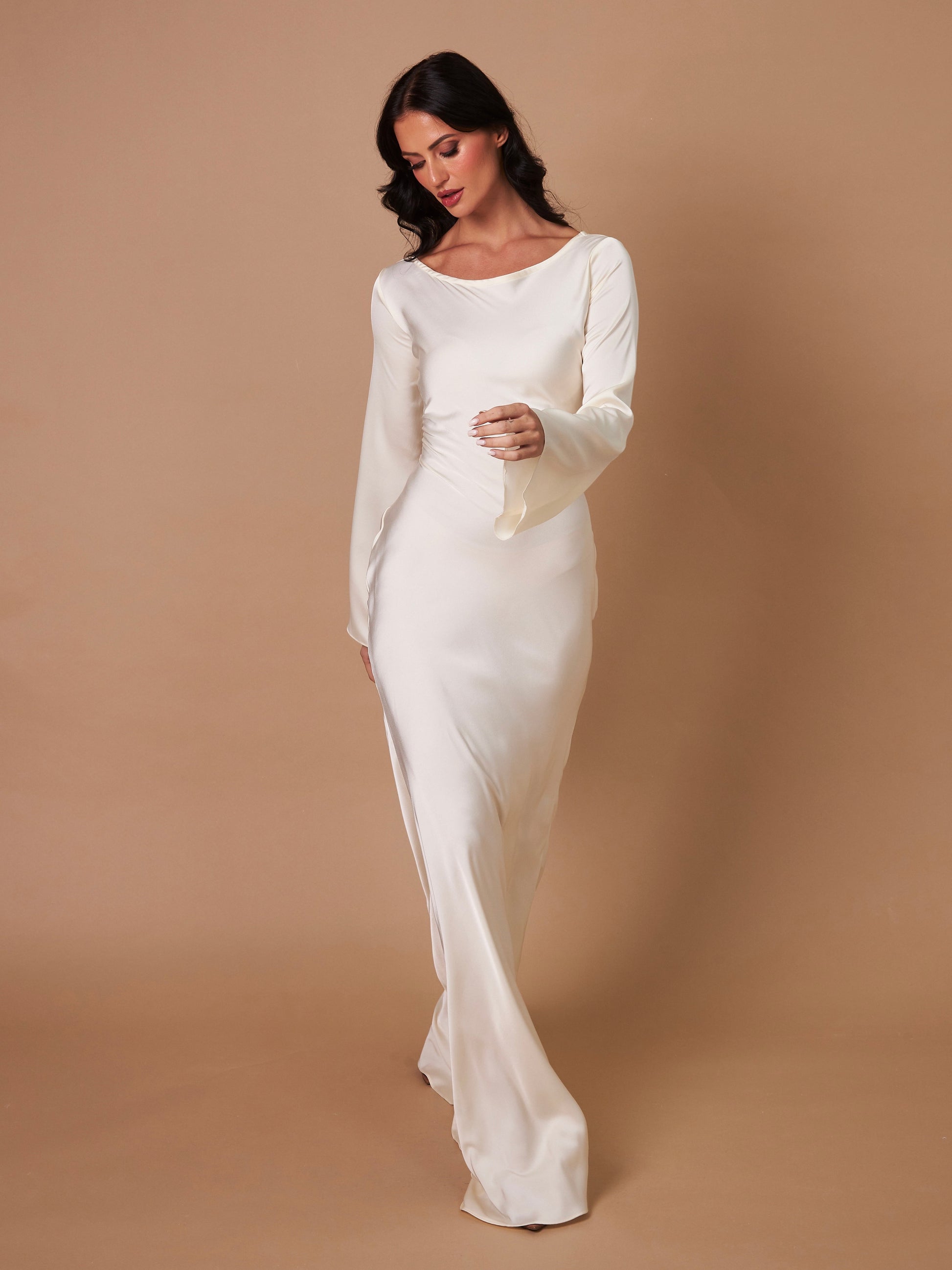 Satijnen Maxi Jurk Dames | Empire Taille & Lange Mouwen | Nadège