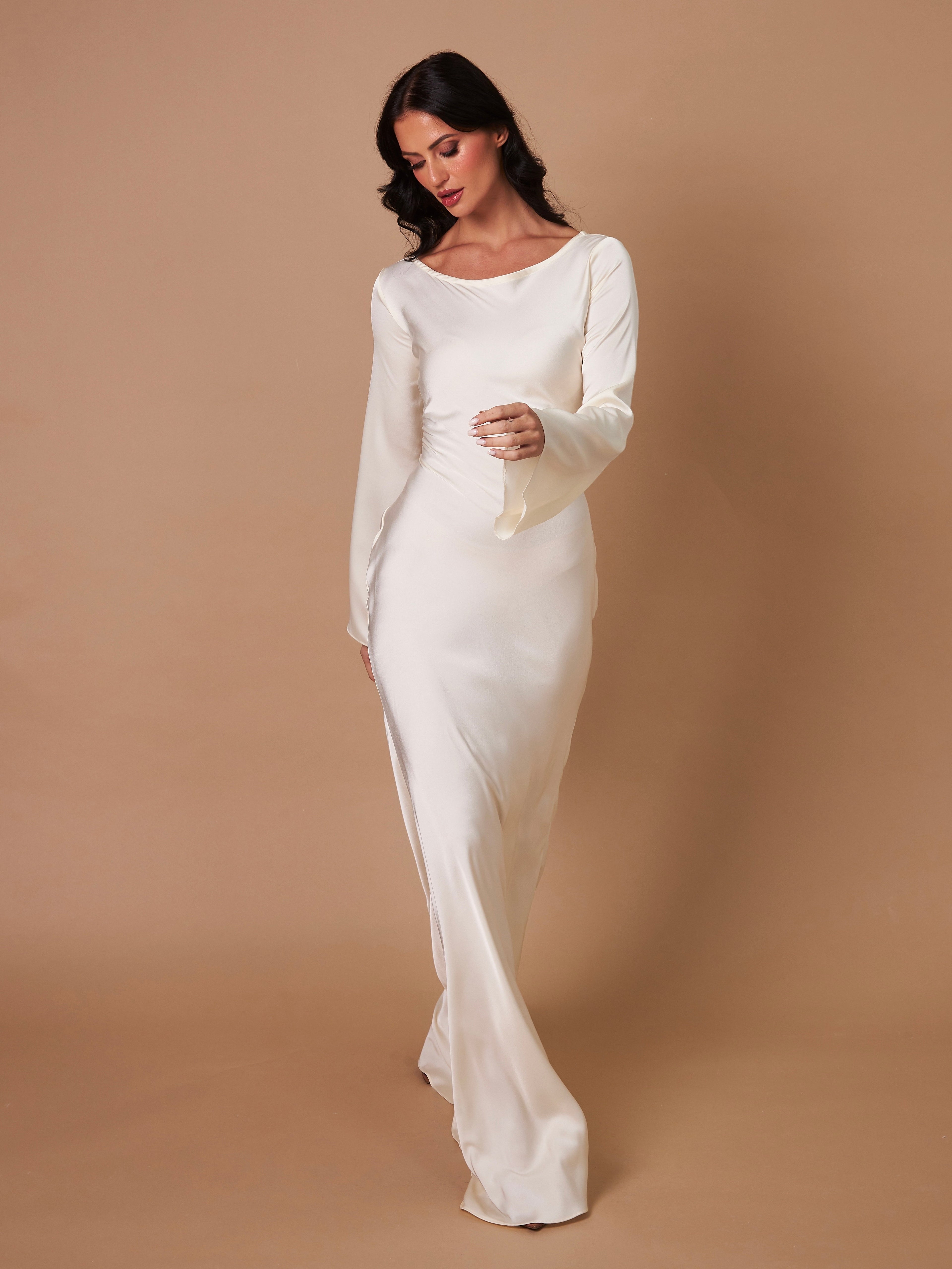 Satijnen Maxi Jurk Dames | Empire Taille & Lange Mouwen | Nadège