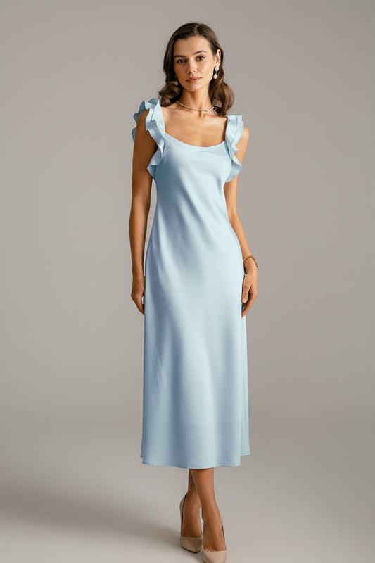 Satijnen Midi Jurk Dames Elegant Ruffle Vierkante Hals | Indira