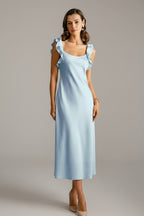 Satijnen Midi Jurk Dames Elegant Ruffle Vierkante Hals | Indira