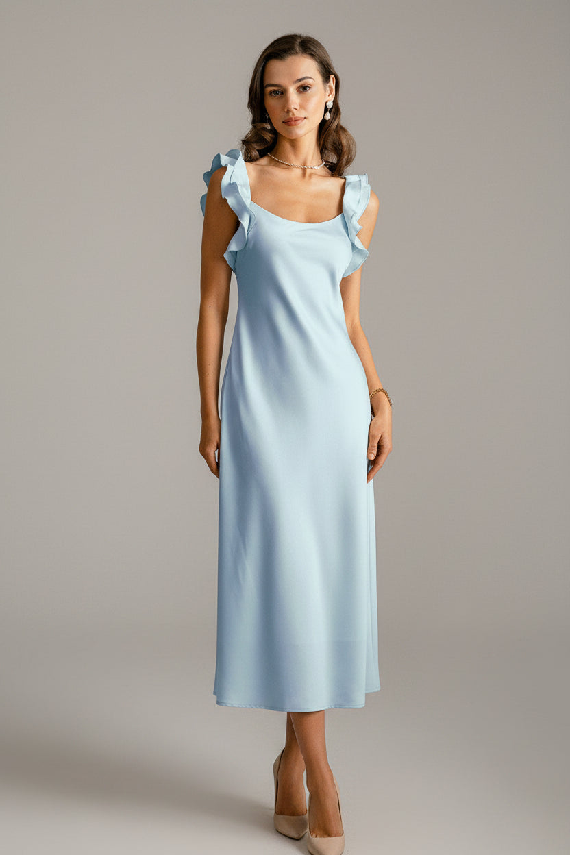 Satijnen Midi Jurk Dames Elegant Ruffle Vierkante Hals | Indira