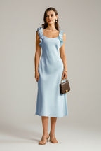 Satijnen Midi Jurk Dames Elegant Ruffle Vierkante Hals | Indira