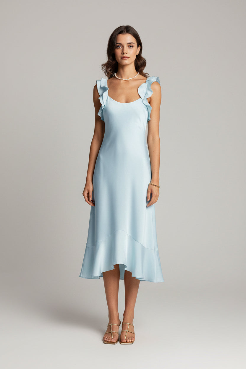 Satijnen Midi Jurk Dames Elegant Ruffle Vierkante Hals | Indira