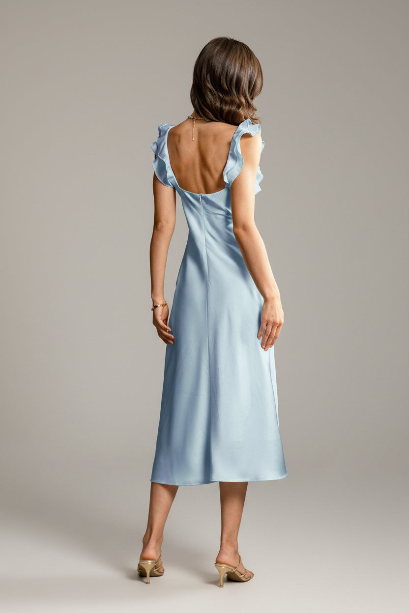 Satijnen Midi Jurk Dames Elegant Ruffle Vierkante Hals | Indira