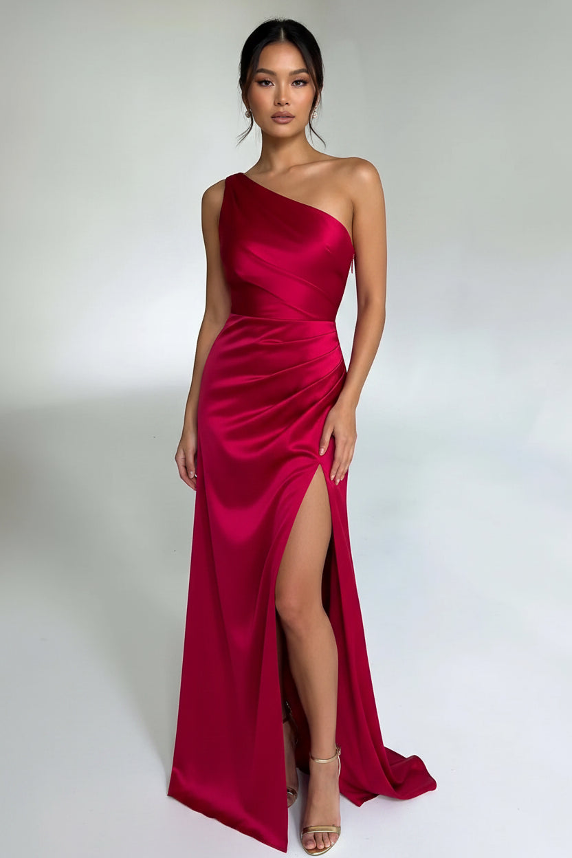 Satijnen Splitjurk Dames Elegant One Shoulder | Aria