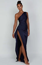 Satijnen Splitjurk Dames Elegant One Shoulder | Aria