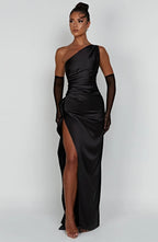 Satijnen Splitjurk Dames Elegant One Shoulder | Aria