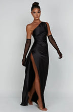 Satijnen Splitjurk Dames Elegant One Shoulder | Aria