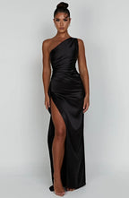Satijnen Splitjurk Dames Elegant One Shoulder | Aria