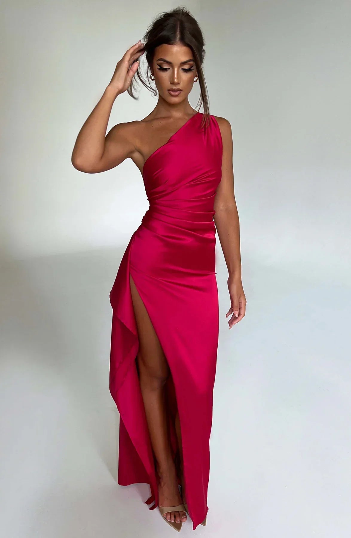 Satijnen Splitjurk Dames Elegant One Shoulder | Aria