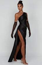 Satijnen Splitjurk Dames Elegant One Shoulder | Aria