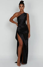 Satijnen Splitjurk Dames Elegant One Shoulder | Aria