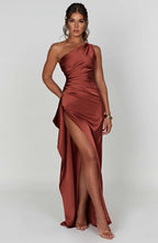 Satijnen Splitjurk Dames Elegant One Shoulder | Aria