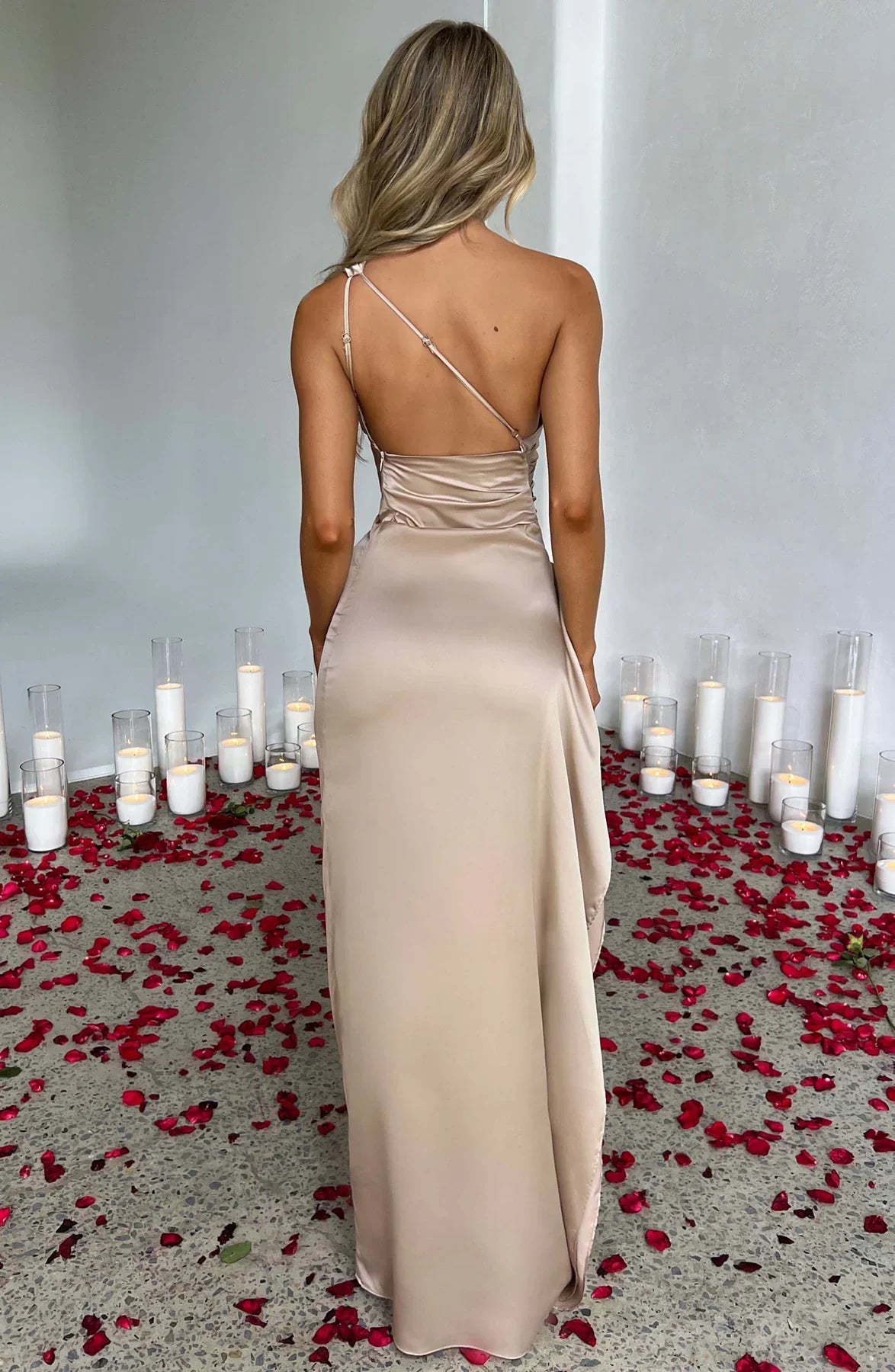 Satijnen Splitjurk Dames Elegant One Shoulder | Aria