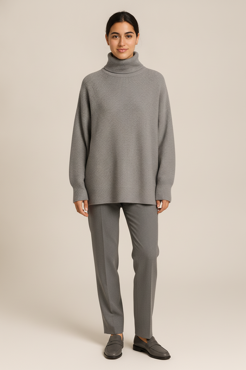 Oversized Coltrui Dames – Gebreide Trui met Hoge Col — Selin – Grijs – vooraanzicht