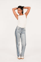 Straight Leg Jeans Dames High Waist Streep Lichtblauw | Demi