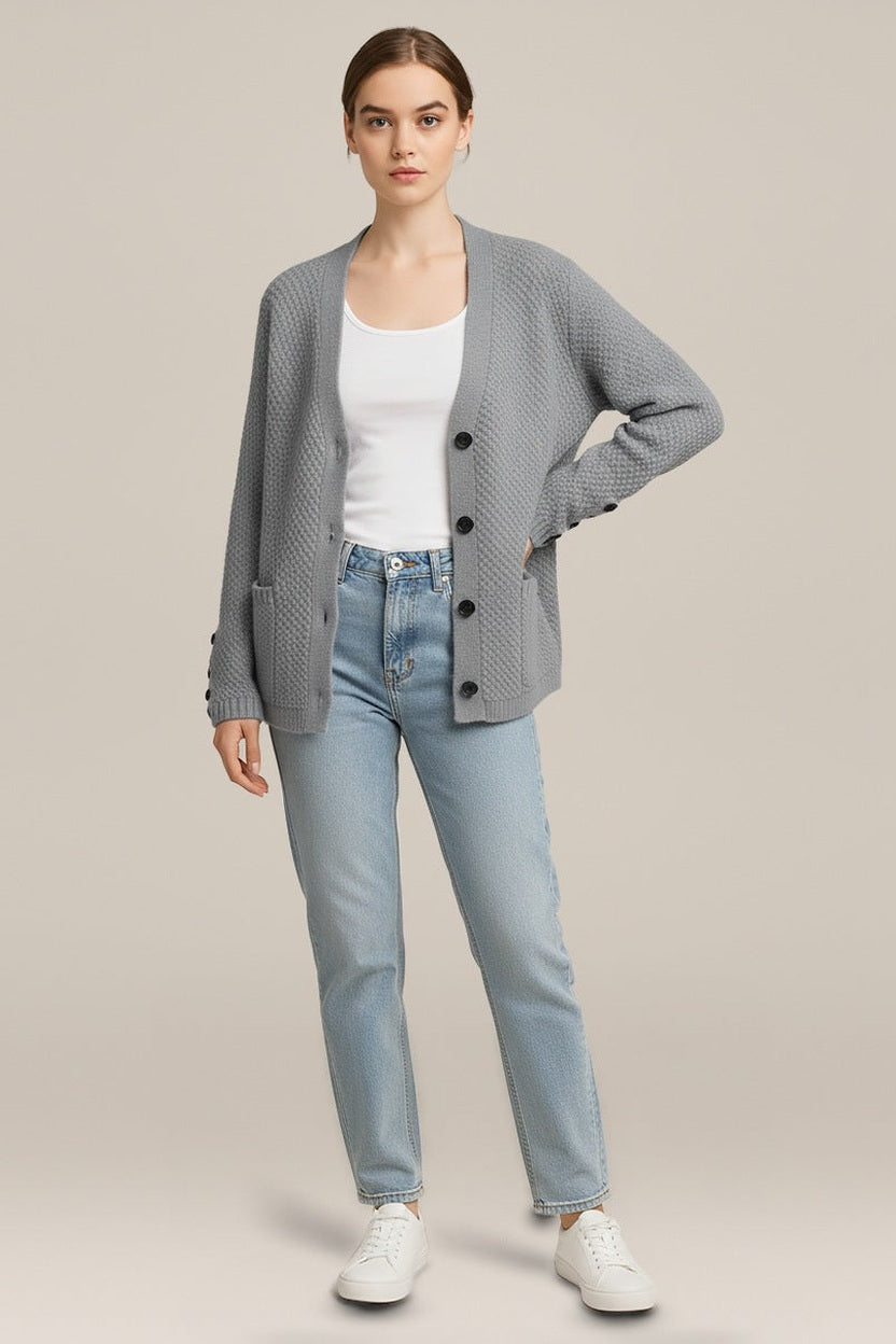 Gebreid Vest Dames met Knopen – Korte Cardigan in grijs – vooraanzicht